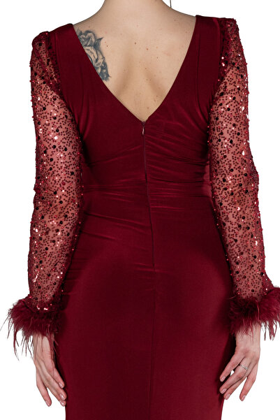 Arden Long Evening Dress, Double-Breasted V-Neck, Sequined Long Sleeve, Draped , Slit Fishtail Evening Dress, 38-44