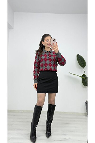 TUNAM BUTİK 3082 Diamond Pattern Polo Neck Knitwear Sweater Burgundy Gray
