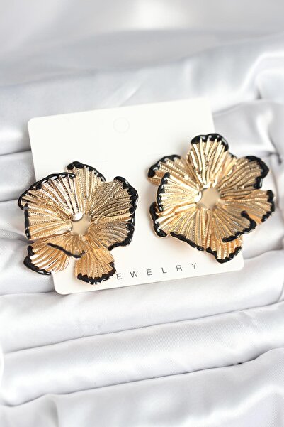Skygo Brass Gold Color Black Enamel Detailed Lotus Women's Earrings - Tj-Bkp11368