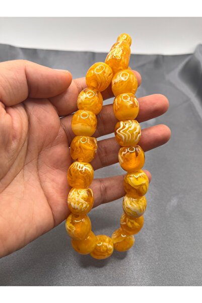 Asdomias Sarı-Beyaz Geçişli Büyük Boy Hareli Tesbih – Yuvarlak Kesim 17 Taneli Model