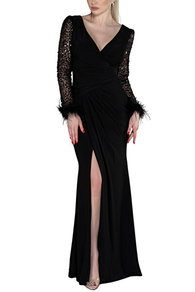 Arden Long Evening Dress, Double-Breasted V-Neck, Sequined Long Sleeve, Draped , Slit Fishtail Evening Dress, 38-44