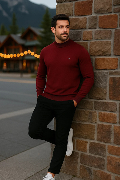 comstar Men's Basic Winter Half-High Collar Long Burgundy Sweater