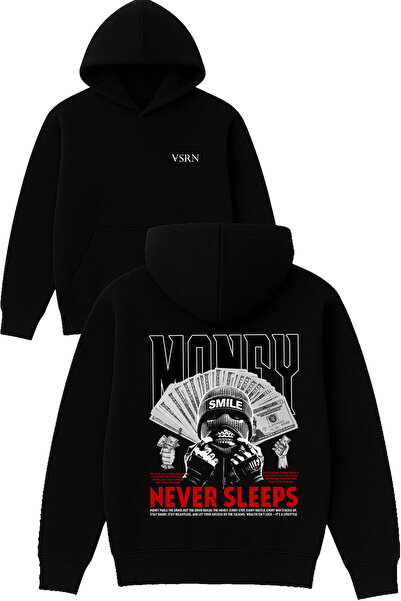 VSRN Money Never Sleeps Σχέδιο με στάμπα, Υπερμεγέθη Μαύρο Φούτερ με Κουκούλα