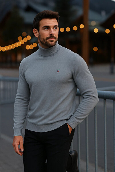 comstar Men's Basic Winter Half-High Collar Long Gray Sweater