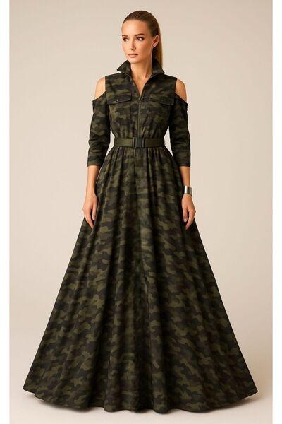 ALYEL NAKER Utility Detaylı & Omzu Açık Kamuflaj Poplin Maxi Elbise