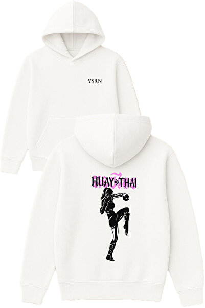 VSRN Hanorac alb supradimensionat cu glugă, cu imprimeu Muay Thai Design