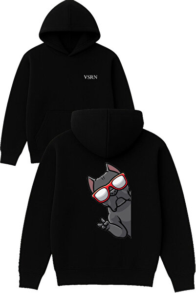 VSRN Hanorac negru supradimensionat cu glugă, cu imprimeu cu design câine cu ...