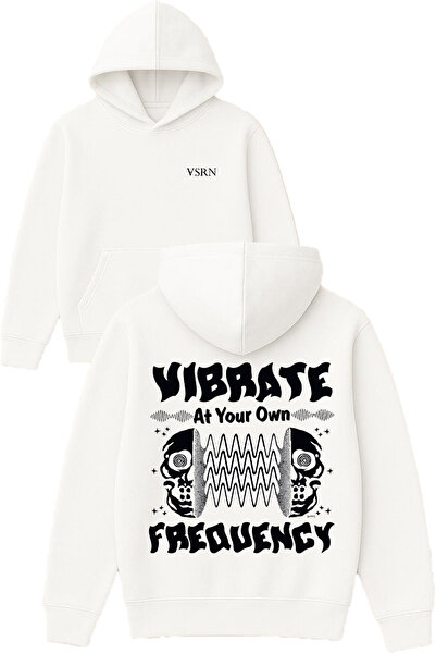 VSRN Hanorac alb supradimensionat cu glugă, imprimat cu design Vibrate