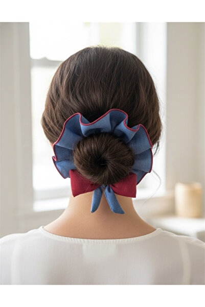 Pelin Aksesuar مشبك مطاطي من الدنيم الأزرق وفيونكة باللون العنابي