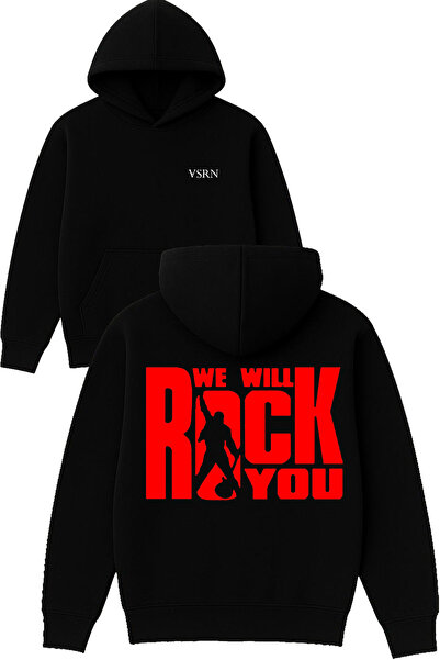 VSRN Hanorac negru supradimensionat cu glugă, cu imprimeu We Will Rock Design