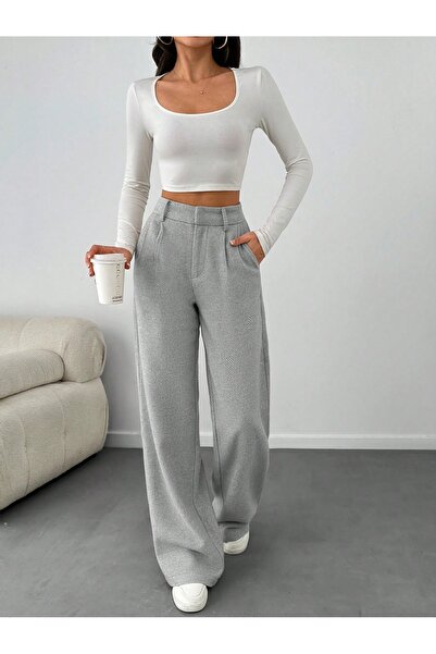 ROAVA Kadın Yüksek Bel Geniş Paça Palazzo Balık Sırtı Pantolon gri