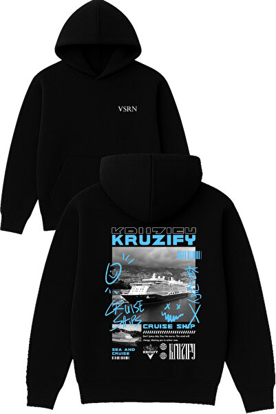 VSRN تصميم كروزيفي مطبوع قصة فضفاضة سويت شيرت أسود بغطاء رأس