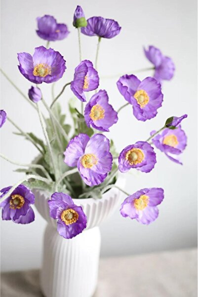 Nettenevime Yapay Çiçek Gelincik Çiçeği Mor Renk 3 Çiçek 1 Tomurcuk 59Cm