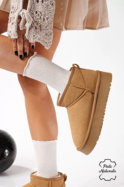 Zaira Cizme scurte dama îmblanite tip Ug maro din piele naturala intoarsa Flo...