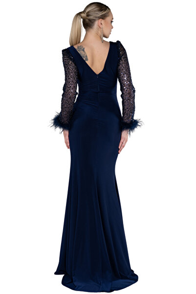 Arden Long Evening Dress, Double-Breasted V-Neck, Sequined Long Sleeve, Draped , Slit Fishtail Evening Dress, 38-44