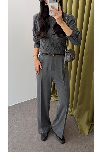 HAZELANNA Gray Palazzo Fabric Trousers