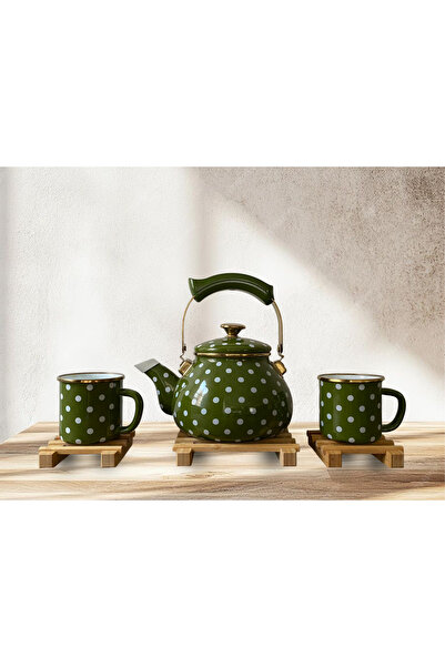 TrendBanyoMutfak Retro Enamel Teapot and Mug Set – 6 Piece Polka Dot Set