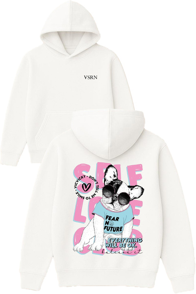 VSRN تصميم الحب الذاتي مطبوع قصة فضفاضة سويت شيرت أبيض بغطاء رأس