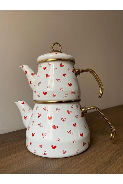 TrendBanyoMutfak Red Heart Enamel 2-Piece Teapot Set – Retro Tea Set