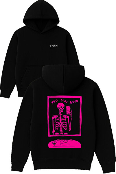 VSRN You Look Design Printed Oversized Black Hooded Sweatshirt