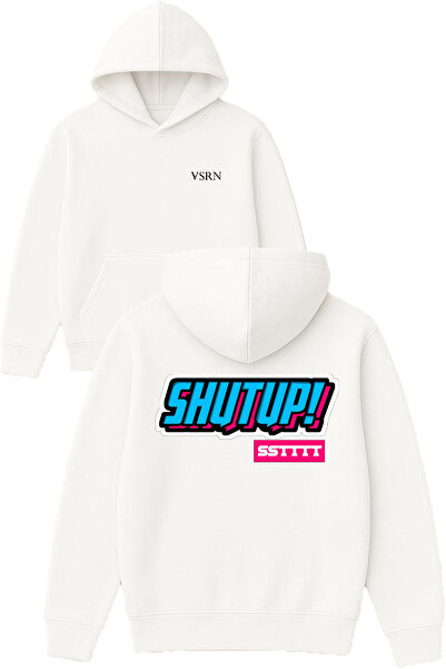 VSRN Hanorac alb supradimensionat cu glugă, cu imprimeu Shut Up Design