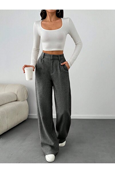 ROAVA Kadın Yüksek Bel Geniş Paça Palazzo Balık Sırtı Pantolon siyah