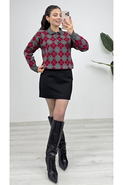 TUNAM BUTİK 3082 Diamond Pattern Polo Neck Knitwear Sweater Burgundy Gray