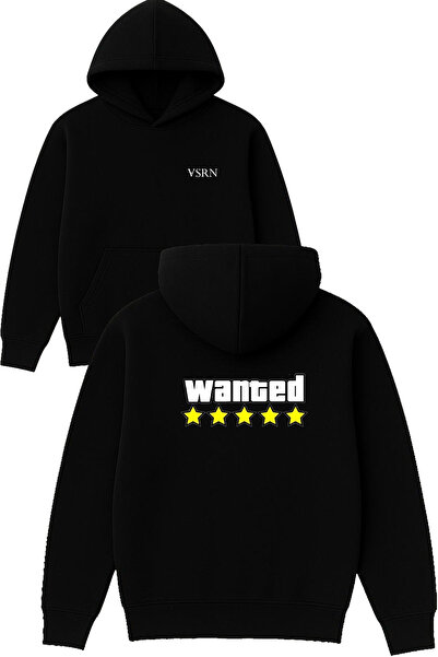 VSRN Hanorac negru supradimensionat cu glugă, imprimat cu design Wanted, 5 stele