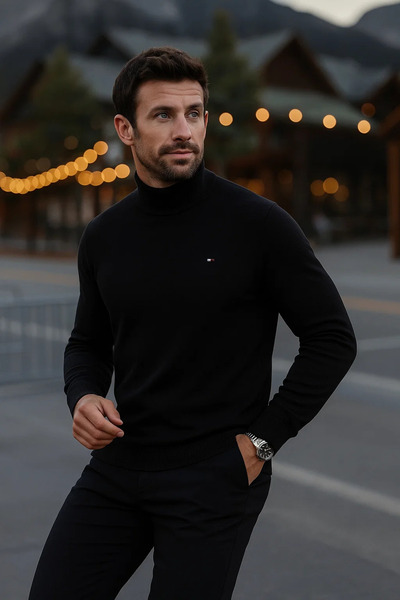 comstar Men's Basic Winter Half-Thigh Length Long Black Sweater