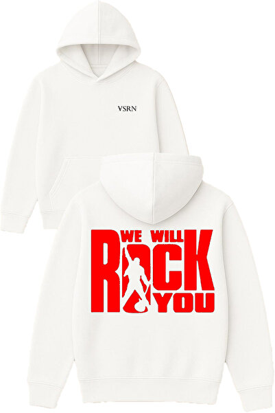 VSRN Hanorac alb supradimensionat cu glugă, cu imprimeu We Will Rock Design
