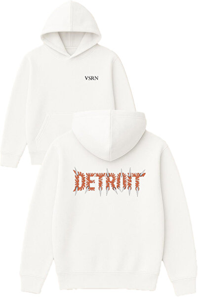 VSRN ديترويت ديزاين مطبوع قصة فضفاضة سويت شيرت أبيض بغطاء رأس