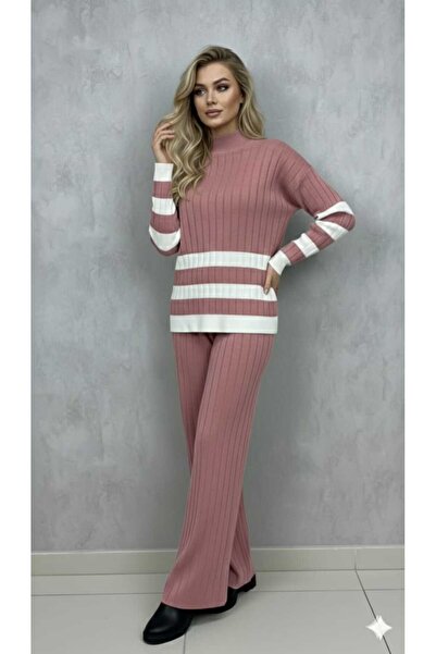 newmisal طقم بنطلون وبلوزة نسائية بياقة عالية وخطوط