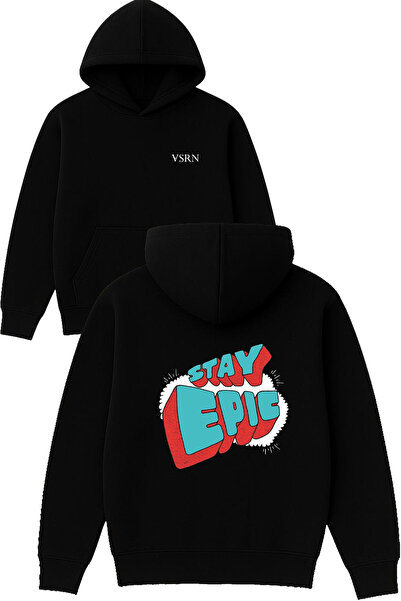 VSRN Hanorac negru supradimensionat cu glugă, cu imprimeu Stay Epic Design