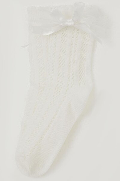 Katamino Girl's Mesh Socks with Bow Accessory on the Ankle, Age 7-8, Ecru