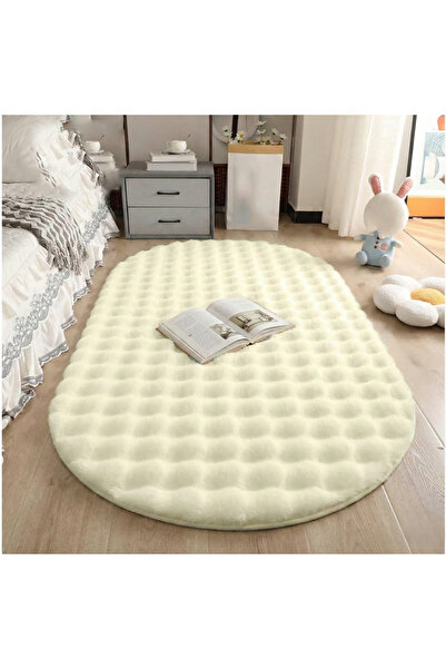 Vila Nova Home Krem Oval Kabartma Peluş Kaymaz Taban Dot Yıkanabilir Salon Ko...