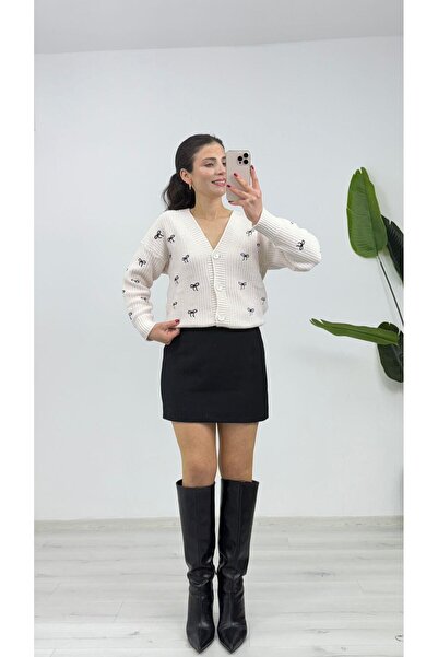 TUNAM BUTİK 2092 Bow Embroidery Detailed Knitwear Cardigan Ecru