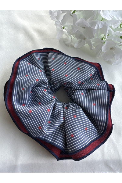 Pelin Aksesuar Burgundy denim and striped patterned ruffled elastic hair tie