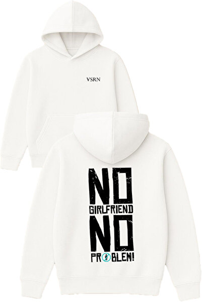 VSRN Hanorac alb supradimensionat cu glugă, imprimat cu designul „No Girlfriend”