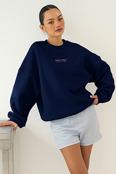 GIA - ART Women's Oversized Sweatshirt Chmp Studios Navy Blue – Crew Neck, 3 Thread Sherpa Fleece