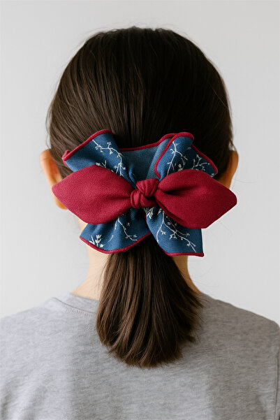 Pelin Aksesuar Λαστιχένια πόρπη με μπλε ναυτικό σχέδιο λουλουδιών και μπορντό φιόγκο
