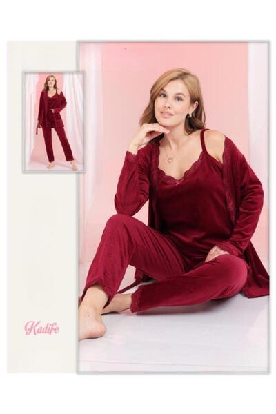 Modella Life Velvet Lace Detailed Plain 3-Piece Pajama Set with Dressing Gown