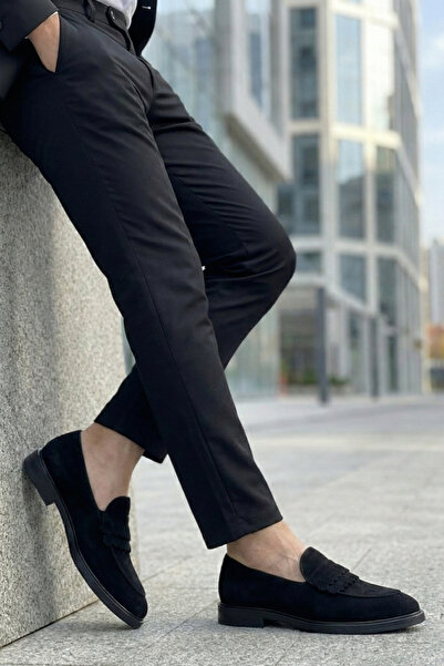 NAZEF Special Production Stitched Neolite Sole Fringed Suede Leather Black Loafer Shoes