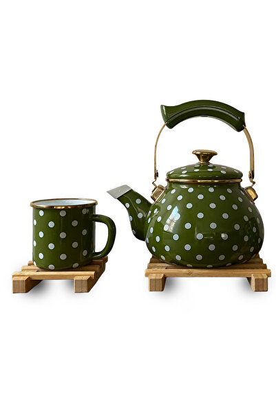 TrendBanyoMutfak Retro Enamel Teapot and Mug Set – 6 Piece Polka Dot Set