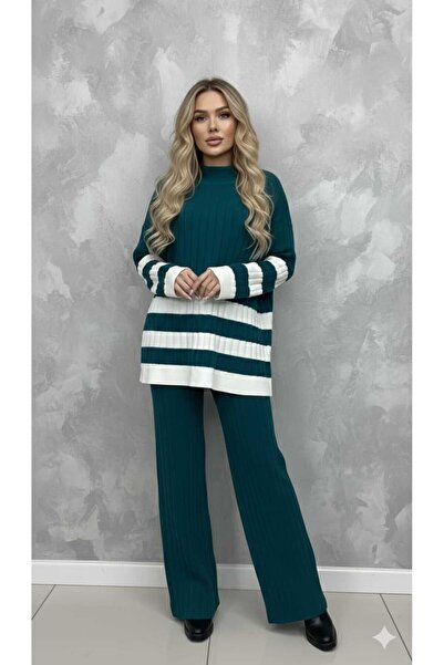 newmisal طقم بنطلون وبلوزة نسائية بياقة عالية وخطوط