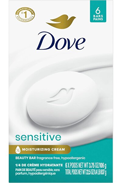 Dove Beauty Bar Soap Sensitive, 6 Bars for Sensitive Skin, Fragrance Free and Hypoallergenic 3.75 oz