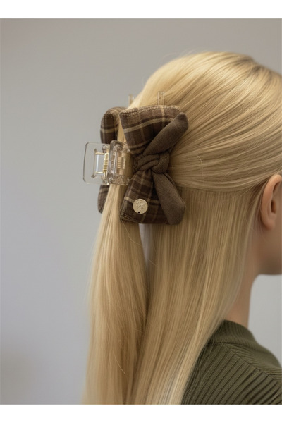 Pelin Aksesuar Brown Plaid Patterned Fabric Covered Bow Tie Buckle