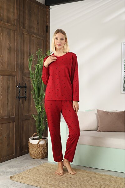 LİLA İÇ GİYİM Women's Long Sleeve Patterned Inside Fleece-Lined Sendy Pajama Set