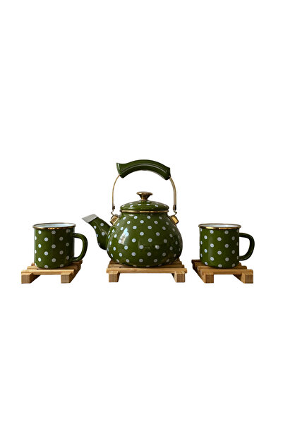 TrendBanyoMutfak Retro Enamel Teapot and Mug Set – 6 Piece Polka Dot Set