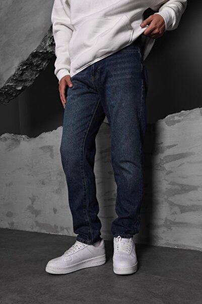 Slatra Men's Navy Blue Stone Effect Boyfriend Pants