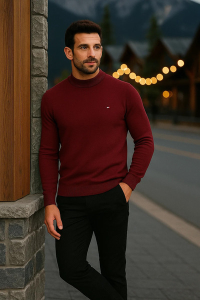comstar Men's Basic Winter Half-High Collar Long Burgundy Sweater